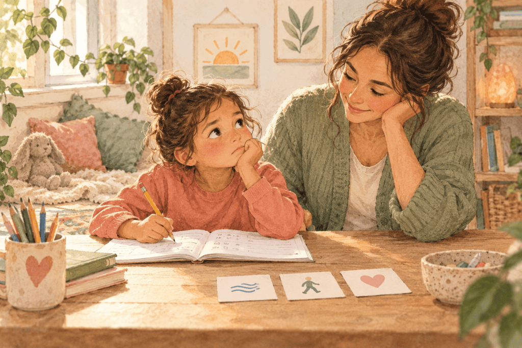 Caregiver sits calmly beside a frustrated child during a difficult learning moment with simple support cards nearby.