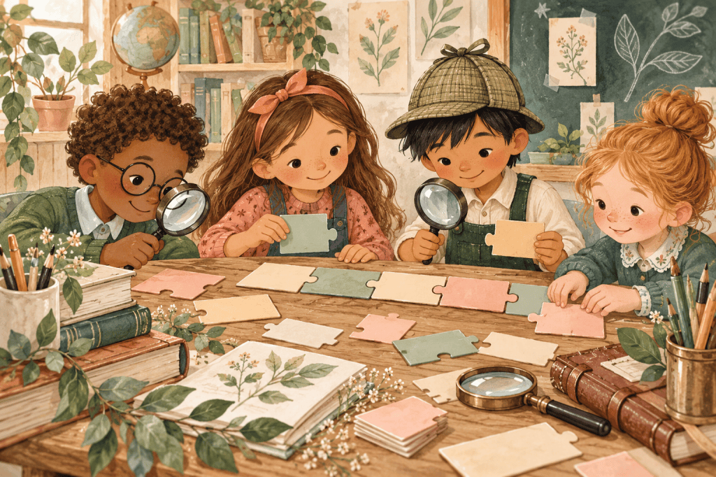 Children investigate blank word-part puzzle cards using magnifying glasses in a cozy classroom.