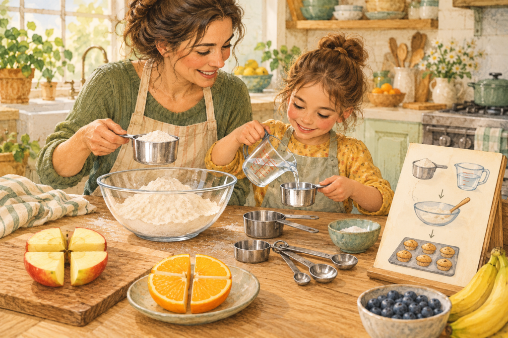 Parent and child measure flour and water with cups and spoons during a kitchen fractions activity.
