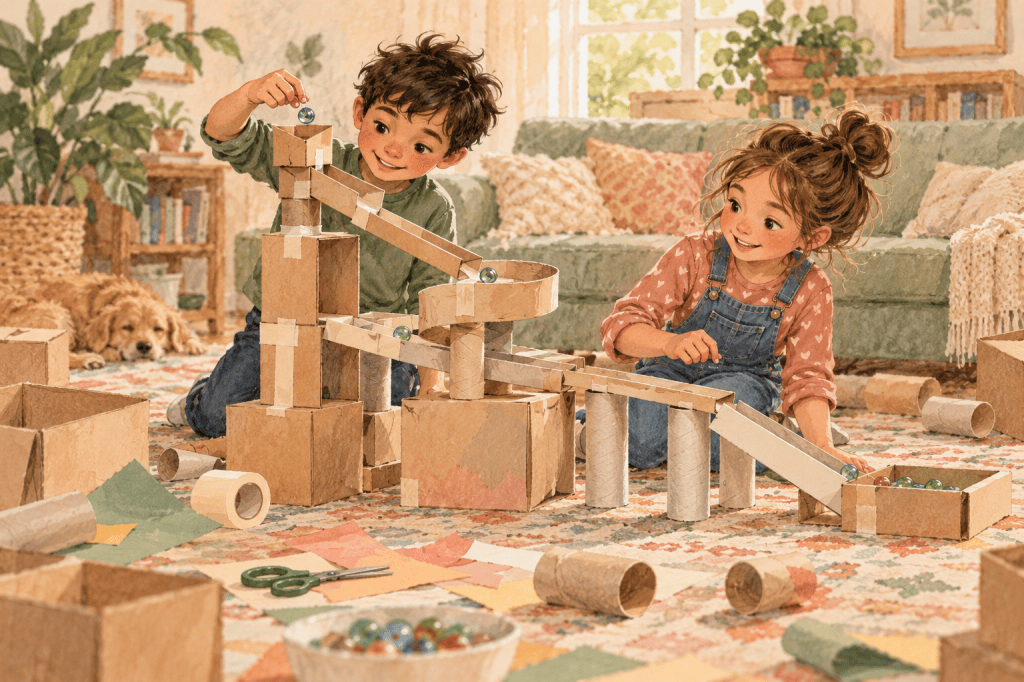 Two children test a cardboard marble run built from boxes, tubes, and tape.
