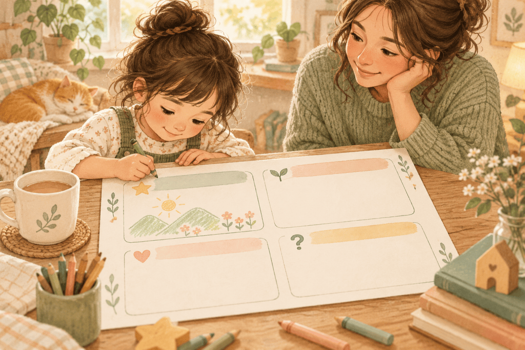 Child draws on a spacious weekly learning reflection sheet while a caregiver listens nearby.